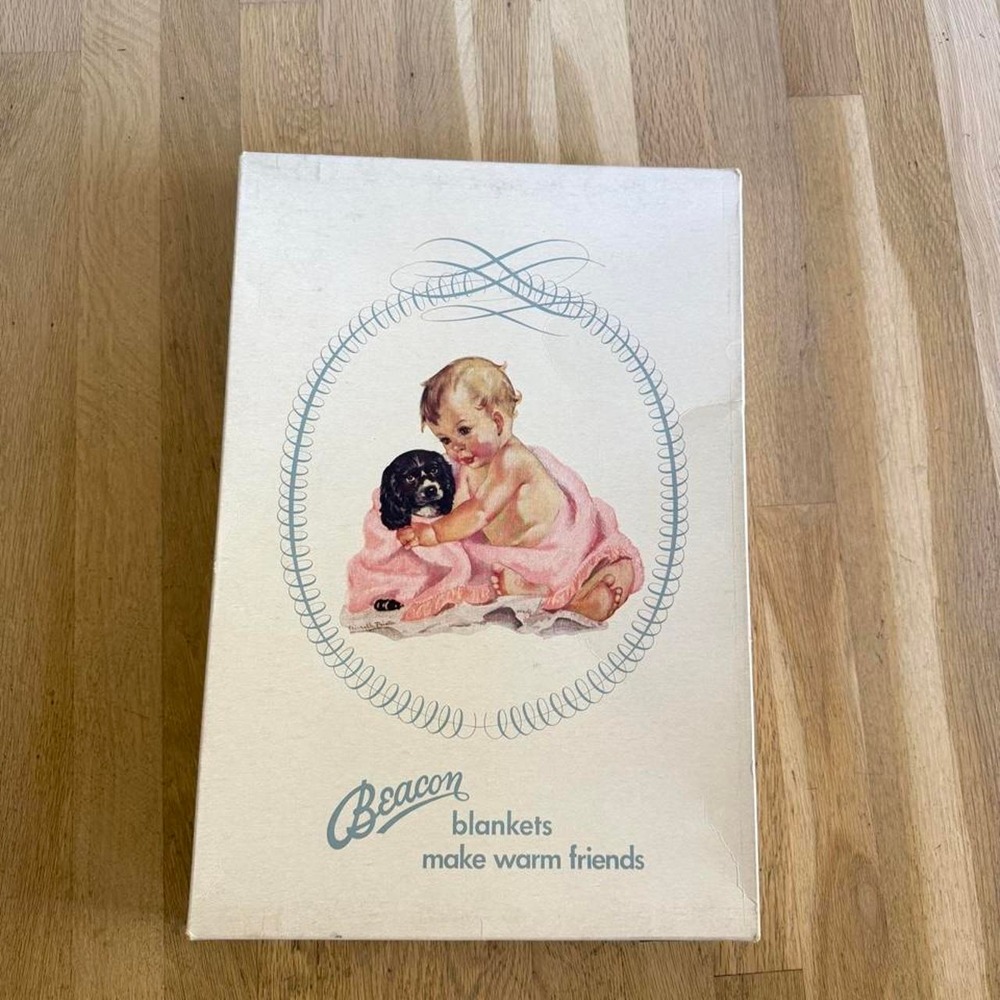 Vintage Beacon Blankets Crib Baby Blanket Floral Pink Blue Satin Edge W/ Box